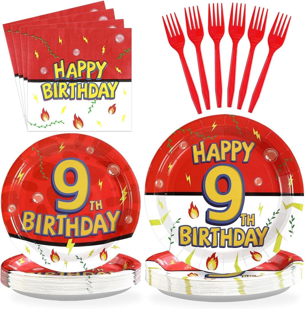 Grencian 96Pcs Happy 9th Birthday Party Supplies Cartoon Anime Themed Paper Plates and Napkins Tableware Sets Red and White Decoration for 9 Year Old Birthday Kids Children Party Serves 24