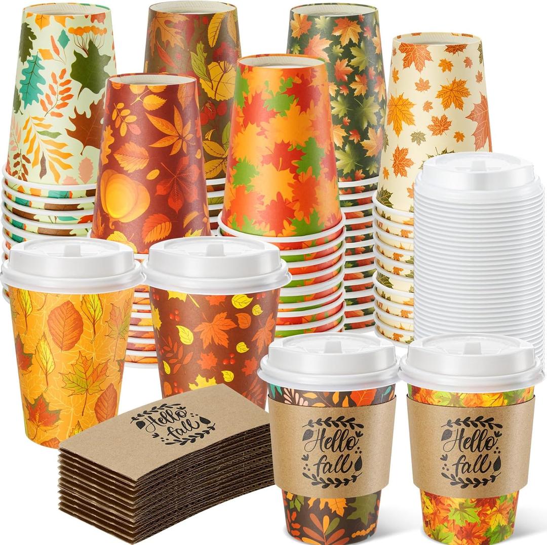 Mimorou 60 Pcs Thanksgiving Fall Cups 12oz Coffee Cups with Lids and Sleeves Disposable Maple Leaves Paper Drinking Mugs for Harvest Autumn Party Supplies