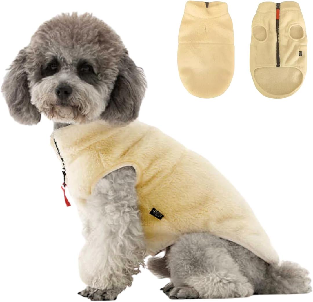 Small Dog Plush Fleece Coat, Soft Warm Cozy Winter Sweater Jacket Vest Clothes for Puppy Chihuahua Poodle Yorkie Pomeranian (Beige, 2XL)