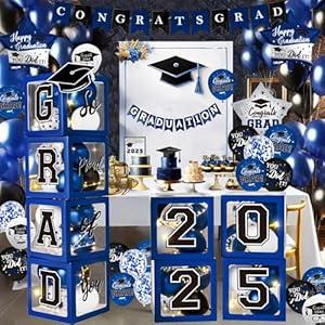 Graduation Decorations Class of 2025 - Blue Graduation Decorations - Balloons Boxes with Letters 2025 GRAD So Proud of You, Congrats Grad Party Decorations for Any Grades
