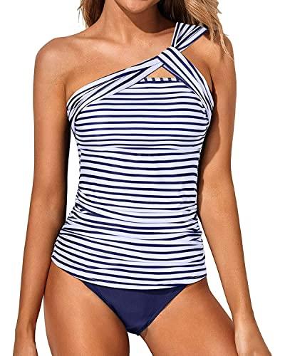 Tempt Me White Blue Stripe Two Piece Tankini Bathing Suits for Women One Shoulder Swim Top with Bottom Swimsuits XL Tempt Me White Blue Stripe Two Piece Tankini Bathing Suits for Women One Shoulder Swim Top with Bottom Swimsuits XL