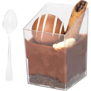 Ilyapa 3oz Plastic Dessert Cups - 100 Pack Mini Dessert Cups with Spoons - Small Clear Reusable for Cheesecake Shooters, Chocolate Mousse, Parfait - Party and Catering Supplies - Slanted