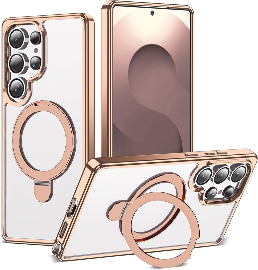 Compatible with Samsung Galaxy S25 Ultra Case with Magnetic Ring Stand [Compatible with Mag-Safe] Shockproof Plating Clear Phone Case for Samsung S25 Ultra 6.9", Desert Gold