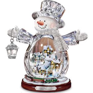 Thomas Kinkade White Christmas Crystal Snowman, Handcrafted Figurine with Lighted Village and Moving Train, Bradford Exchange Collectible