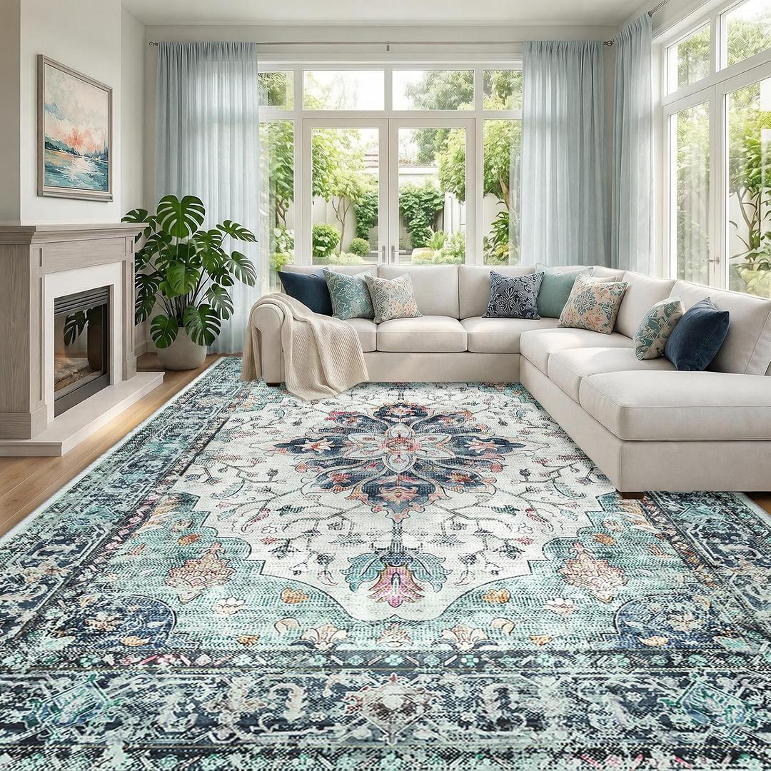 RELEANY Washable Area Rug, Large 9'x12', Teal Green/White/Navy