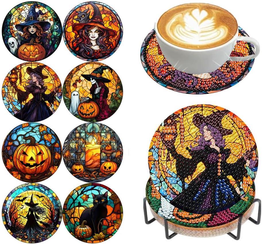 croshom 8 Pieces Halloween Diamond Art Coasters Kit, Halloween Diamond Painting Coasters, Diamonds Art Painting Kits,5D DIY Full Drill Diamonds Arts Kits for Adults Gift & Home Decor
