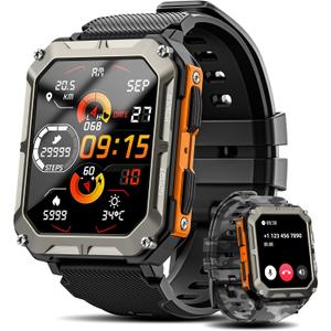 Military Smart Watch for Men with Blood Pressure (Answer/Make Call), Rugged Tactical Smartwatch for Android and iPhone, 10 ATM Waterproof Outdoor Sports Fitness Tracker with Heart Rate, Sleep Monitor (Orange)