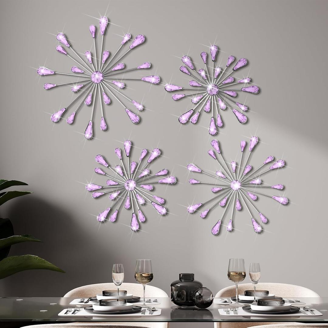 Hicarer 4 Pcs Starburst Wall Decor Bling Wall Art Crystal Teardrop 3D Hanging Rhinestone Radial Metal Artwork Modern Accent Sculptures Decorations for Living Room Home Office Bedroom(Purple)