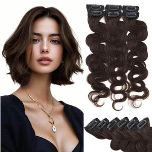 Rich Choices Short Clip In Hair Extensions Real Human Hair-Wave/Curly 6 Pcs Single Clip Hairs Extensions For Women-Mini Seamless Clips Hairpieces for Thin Hairs-10 Inch #2R Chocolate Brown