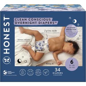 The Honest Company Comfort Dry Disposable Overnight Diapers for Sensitive Skin, Hypoallergenic, Baby Cozy Cloud and Star Signs Design Club Box Size 6 (35 lbs) 34 Count