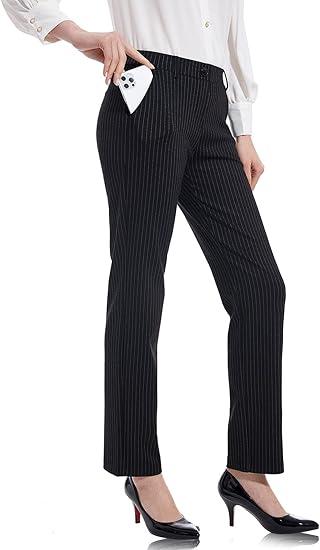 Tapata Women's Stretchy Straight Dress Pants with Pockets Tall, Petite, Regular for Office Work Business 26'', Black, Pinstripe, L