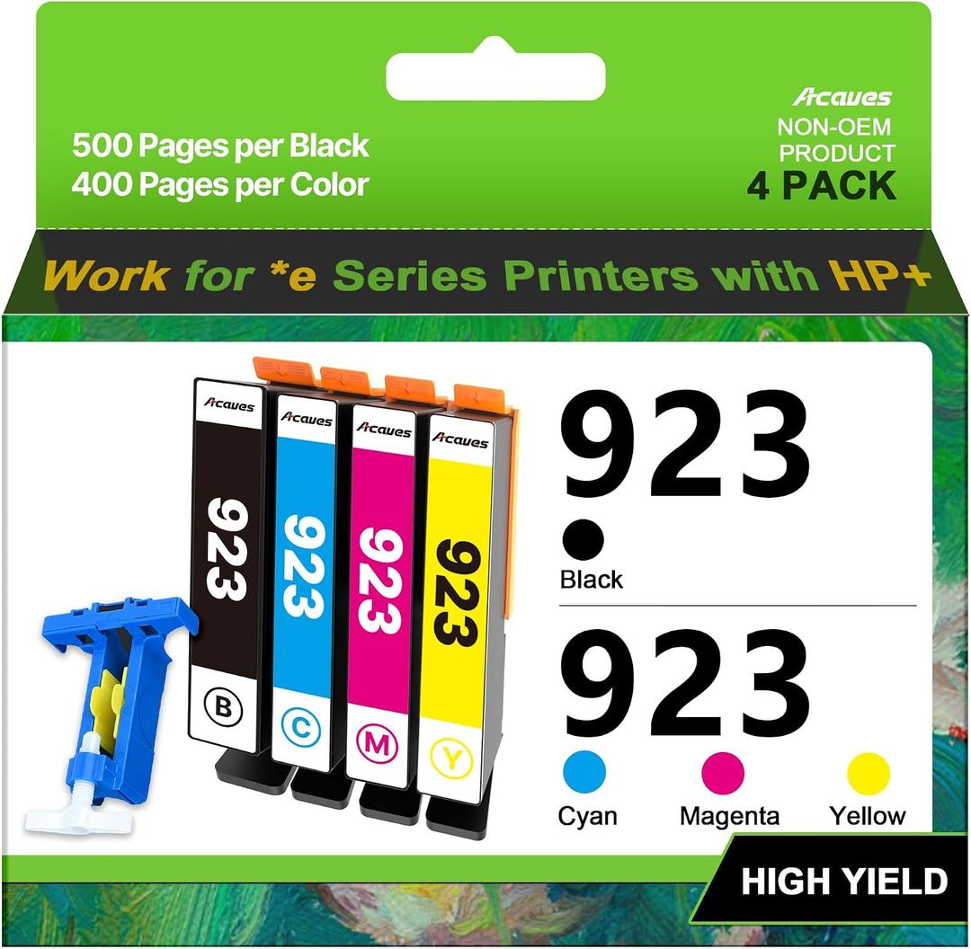 Compatible Ink Cartridge Replacement for HP 923 Ink Cartridges (Black Cyan Magenta Yellow, 4-Pack, Without Chip) Work with HP Officejet Pro 8130e 8120e 8135e 8139e 8120e 8125e Printers