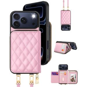 OCASE Compatible with iPhone 17 Pro Crossbody Wallet Case with Card Holder, PU Leather Zipper Handbag Phone Purse with RFID Blocking Kickstand Wrist Strap Lanyard 6.3 Inch, Diamond Check Pink