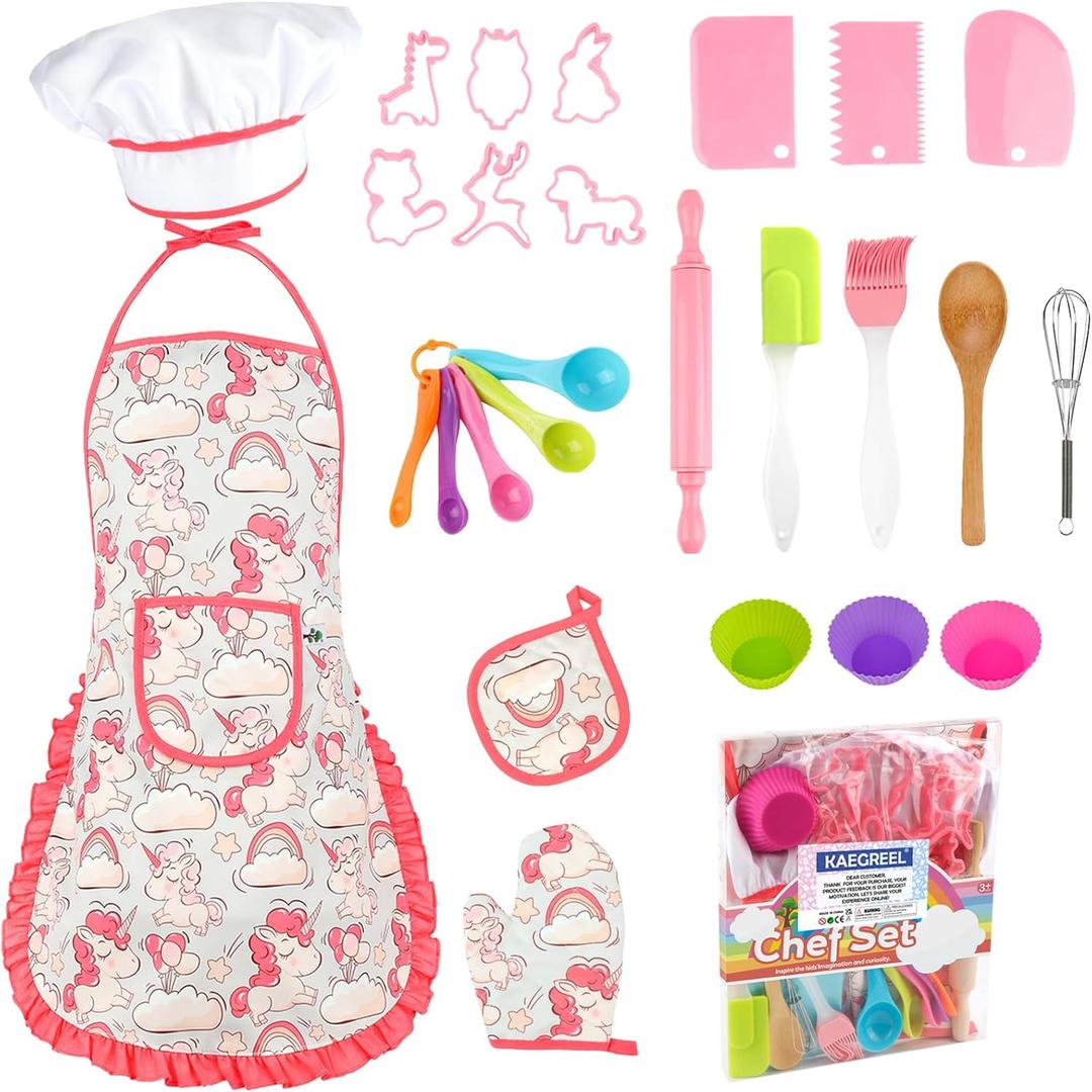 KAEGREEL Kids Baking Chef Set with Unicorn Apron and Mitt, 26pcs Kid Cooking Set with Chef Hat Spoons Whisk, Chef Dress Up Role Play Gifts for Girls Boys Aged 3 4 5 6 7 8