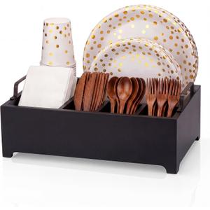 LemonRoad Wood Paper Plate Dispenser Rustic Silverware Utensil Caddy Cutlery Flatware Organizer with Handles 6 Compartments for Countertop Party Picnic Camping Buffet Kitchen Accessories(Black)