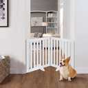 unipaws 24H Free Standing Pet Gate for Dog Cat, Wooden Dog Gates for Doorway, Stairs, Step Over Foldable Pet Fence for The House, Expandable Doggy Barrier, Indoor Use, White