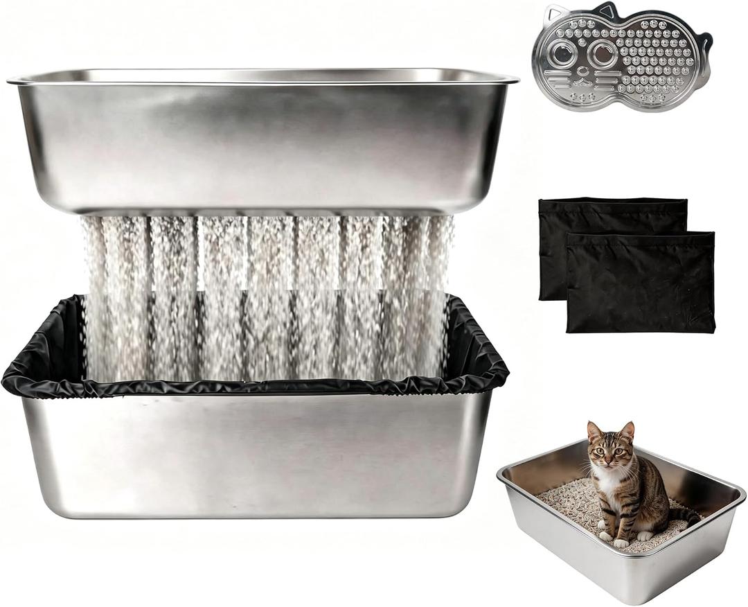 PAWISE 19.7"×13.8"×6" Stainless Steel Sifting Litter Box, XL Sifting Cat Litter Box with High Sides, 201 Metal Sifting Litter Pan for Big Cats & Pine Pellets, Rust-Proof, Anti-Odor,Easy Clean