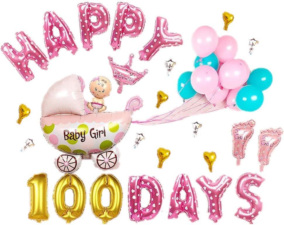 FXBLING Cute Letters Foil Balloons Birthday Set, Baby Happy Birthday 100 Day Party Decoration Supplies (Pink)