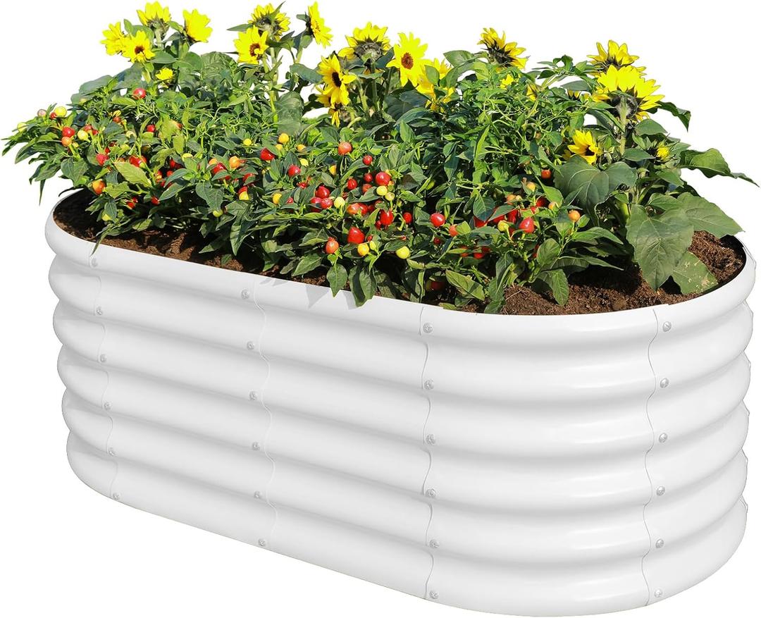 Land Guard 18“ Tall 4×2ft Galvanized Raised Garden Bed Kit, Galvanized Planter Garden Boxes Outdoor, Oval Large Metal Raised Garden Bed for Vegetables (Pearl White, 4×2×1.5ft)
