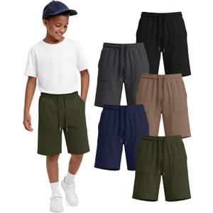 5 Pack Boys Shorts Kids Athletic Summer Knee Length Sweatshort Teen Drawstring for School Short Pocket 6-16Y (Gray)
