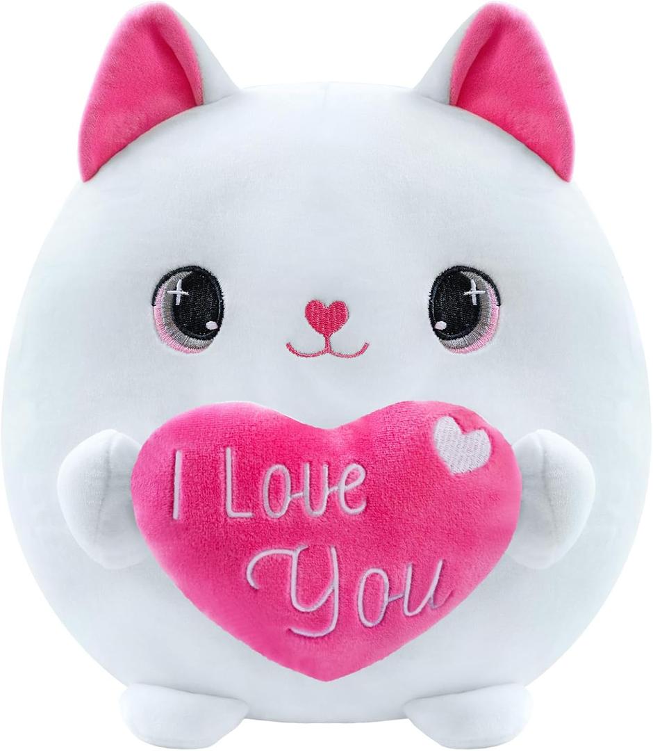 Cat Plush White Cat Stuffed Animal Toy Holding Heart with I Love You, Valentine Plush with Pink Heart for Mother's Day, Girlfriend Valentine Party Favor(White, 10 Inch)