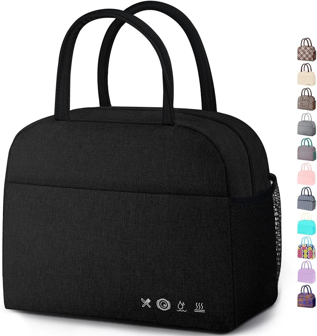 Lunch Bag Lunch Box for Women Men Reusable Insulated Lunch Bags for Adults, Water-Resistant Cute Cooler Lunch Tote Bag, Large Capacity for Work Travel Picnic, Black