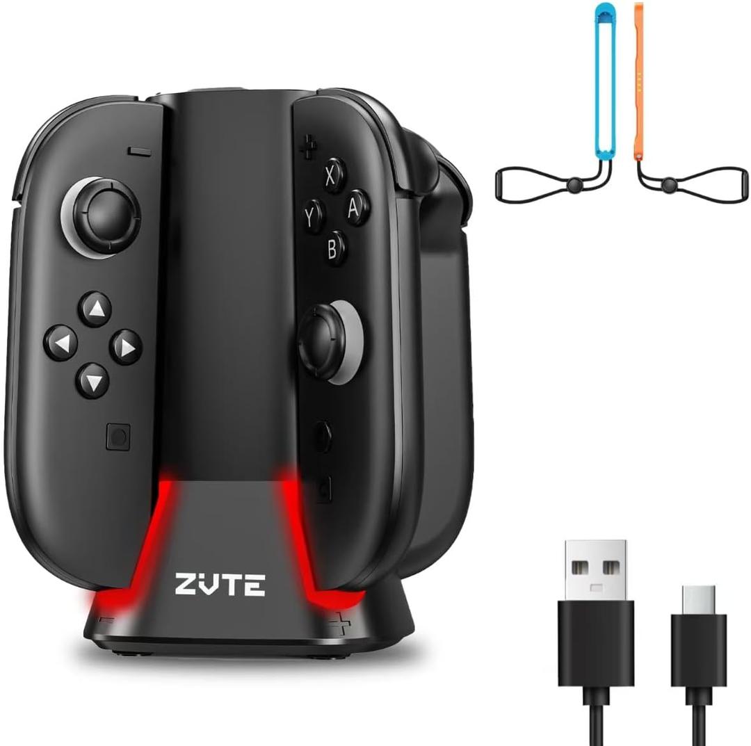 Charging Dock for 2025 Nintendo Switch 2 JoyCon Controllers, 4-Slot Charger Station for Switch 2 Joy-Con Controllers, Magnetic & Weighted Base, LED Indicators, with USB-C Cable and 2 Wirst Strap