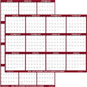 24" x 36" SwiftGlimpse 2026-2027 Academic Wall Calendar, Erasable, Large, Wet & Dry Erase Laminated, Reversible, Yearly Planner, JULY 2026 to JUNE 2027 ONLY, Maroon