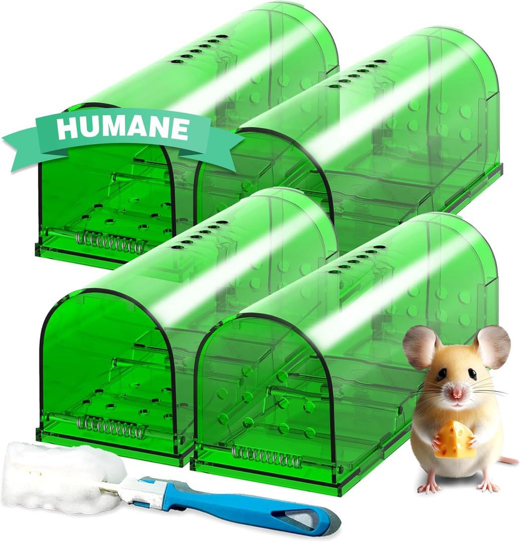4 PACK Mouse Traps Humane Catch and Release, Live Mouse Trap No Kill, No Touch, Pet Safe Mice Trap For Home and Car, Animal Catcher for Mouse, Mole, Rat Trap Easy to Set in Basement, Old House, Garage (4pcs, Green)