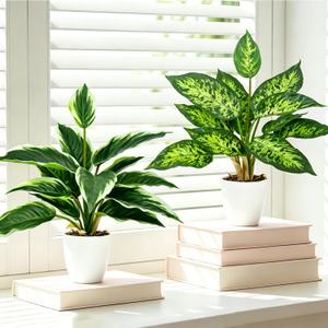 2 Pack Artificial Potted Plants, 16" Fake Plants Indoor in White Pots for Home Bathroom, Office Desk, Shelf - Realistic Faux Greenery Desk Plants for Living Room, Kitchen, Farmhouse Decor