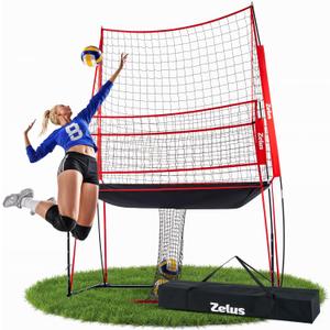 ZELUS Volleyball Training Equipment, 11x8 ft Volleyball Practice Net Station with Adjustable Height & Ball Return (Red)