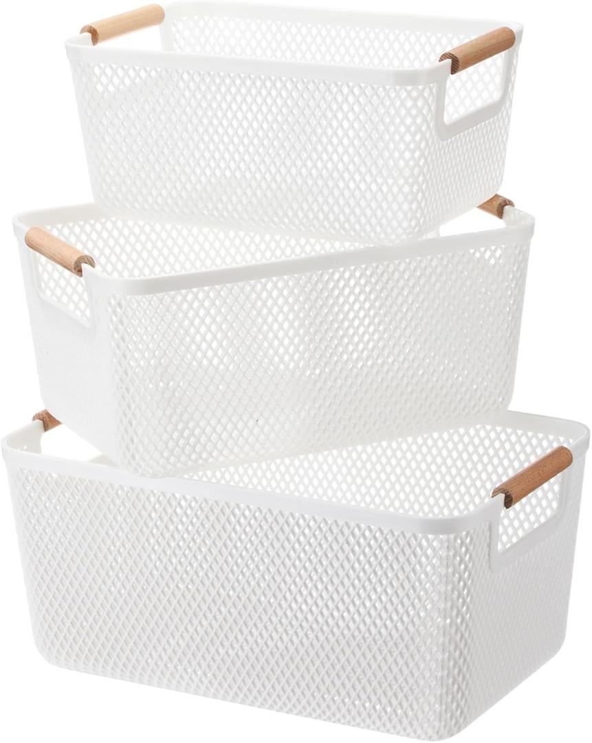 Ziliny 3 Pack Plastic Mesh Basket with Wooden Handles - PP Material Hanging Storage Organizer Container Bins for Organizing Cabinet Pantry Bathroom Kitchen Fridge Fruit Makeup Snacks Gifts(White)