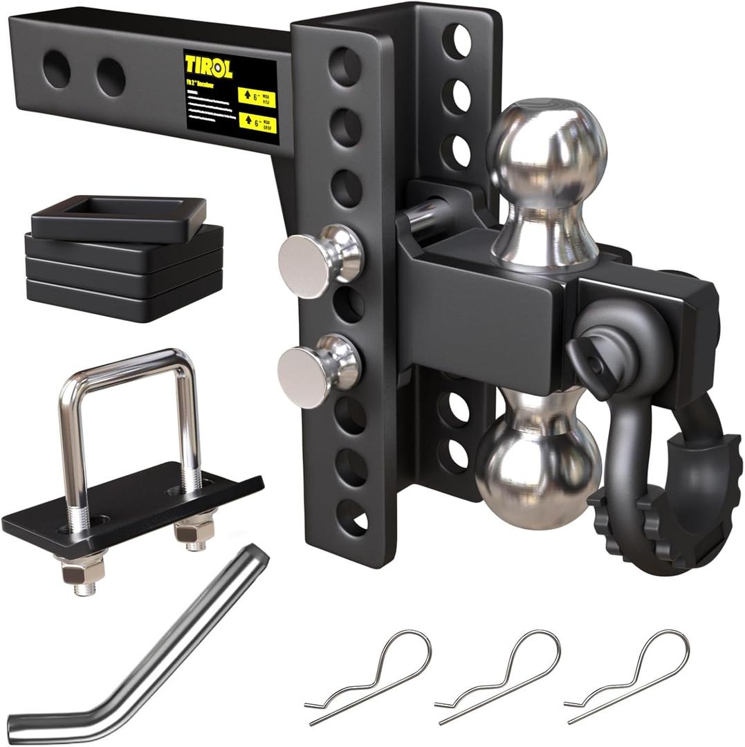 TIROL 2 Inch Adjustable Trailer Hitch Receiver with Shackle - 6 Drop/Rise Drop Hitch, 2'' & 2-5/16'' Ball Hitches, Dual Balls 25000 LBS Capacity - Heavy Duty Tow Hitch with Hitch Tightener