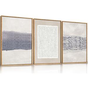 HOURIA Blue White Abstract Neutral Framed Canvas Wall Art Set,Minimalist Boho Lines Wall Decor,Modern Neutral Art Print,Mid Century Blue Artwork for Living Room,Bedroom,Office- 16"x24"x3 ( Blue Neutral Abstract Wall Art)