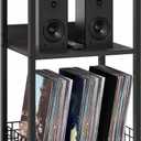 LELELINKY Large Rustic Grey Record Player Stand, 3 Tier 18" Wide Big End Table with Vinyl Storage Up to 130 Albums, Industrial Turntable Printer Tables, Modern Side Tables for Living Room, Office