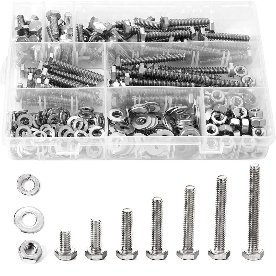 280PCs 1/4-20 Hex Bolts Screws Hex Nuts Flat Washers Lock Washer Kit, Stainless Steel 304, Fully Threaded Hex Bolt 1/4-20 x 1/2" 3/4" 1" 1-1/4" 1-1/2" 1-3/4" 2" Length