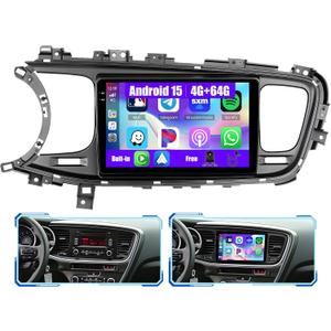 [4G+64G] Android 15 Car Stereo for Kia Optima K5 2011 2012 2013 2014 2015 with Wireless Carplay/Android Auto, 9 Inch HD Touch Screen Radio with GPS WiFi Bluetooth FM/RDS EQ SWC Backup Camera