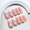 Long Press on Nails Square Rhinestone Pink French Tips Acrylic Fake Nails Glossy Glue Glitter Design Nails Full Cover Butterfly Charms False Nails for Women Manicure, 24Pcs
