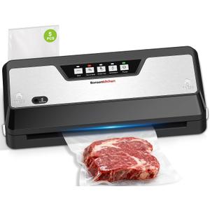 Bonsenkitchen Vacuum Sealer Machine, Built-in Cutter | Bag Storage, Multifunctional Food Sealer for Sous Vide & Meal Prep, 1 Roll Bag & 5 Pre-Cut Bags, Black-Stainless Steel
