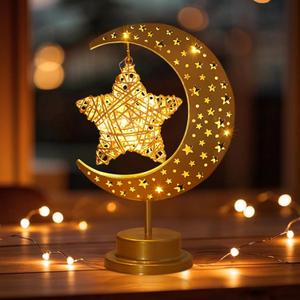Ramadan Decorations Moon Lamp, Ramadan Decorations for Home, Crescent Moon and Star Lamp for Eid Mubarak Decor, USB & Battery Dual Powered Enchanted Lunar Night Light for Table Decor