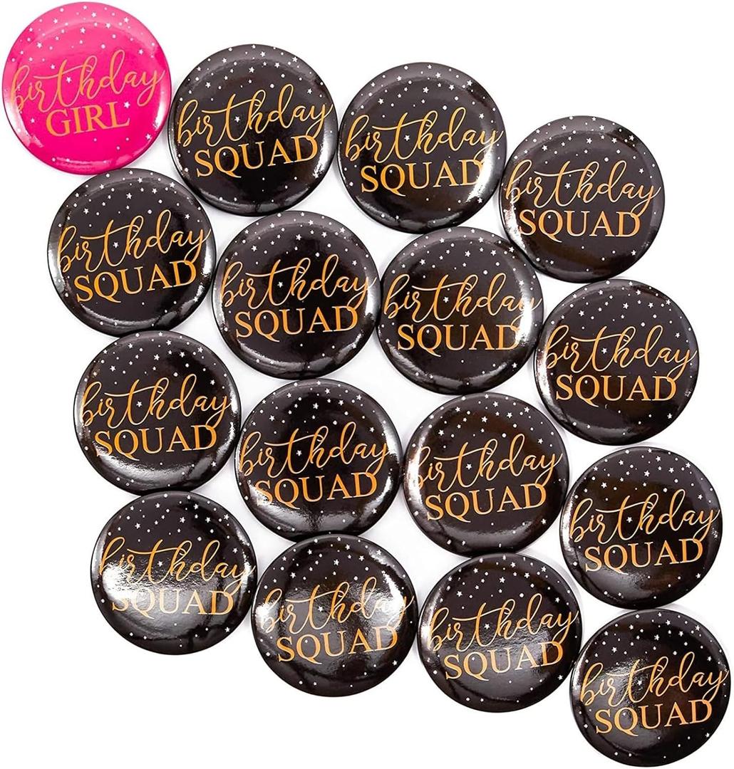 16 Pack Round Birthday Squad Buttons in 2 Designs, Black and Pink (2.3 Inch)