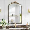 Antique Arched Wall Mirror, 24"x36" Vintage Gold Bathroom Mirror - Baroque Metal Frame Brass Mirror for Living Room, Bathroom, Fireplace, Entryway, Gold