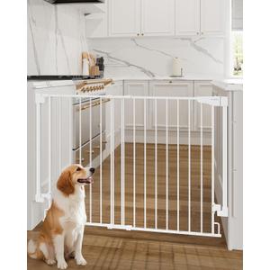 Cumbor 34" Extra Tall Baby Gate for Stairs, Wall-Mounted (Drill Required), Expandable 31.6-48" No Bottom Bar Dog Gate Indoor for Larger Pets, Large Walk Thru Door for Easy Access (White)