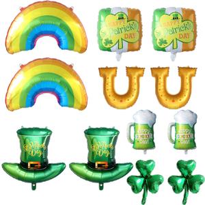 St Patrick's Day Decorations, 12Pcs St Patrick's Day Balloons with Shamrock Clover Rainbow Top Hat Beer Foil Balloons for Irish Festival Party Saint Patricks Day Spring March Birthday Party Decor (Green,gold)