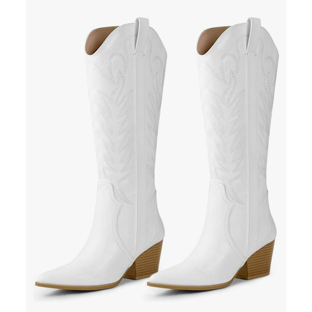 Arromic Cowboy Boots for Women Comfortable Womens Embroidered Western Cowgirl Knee High Boots Pointed Toe Zipper Chunky Heel Country Outfit Retro Tall Boots White 9