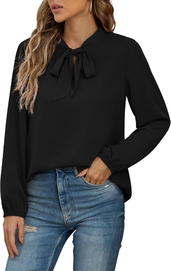CZYINXIAN Womens Dressy Chiffon Blouse Business Work Casual Tie Neck Shirt Tops (Black, XL)