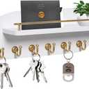 Key Holder for Wall, Decorative Key and Mail Organizer with 6 Sturdy Metal Hooks and Floating Shelf, 14 Inches Wood Wall Mounted Key Rack for Entryway, White and Gold