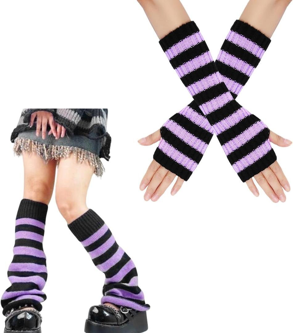 Womens Striped Leg Warmers & Arm Warmers Set  Knitted Y2K Goth Harajuku Style Accessories for Cosplay (Purple and Black)