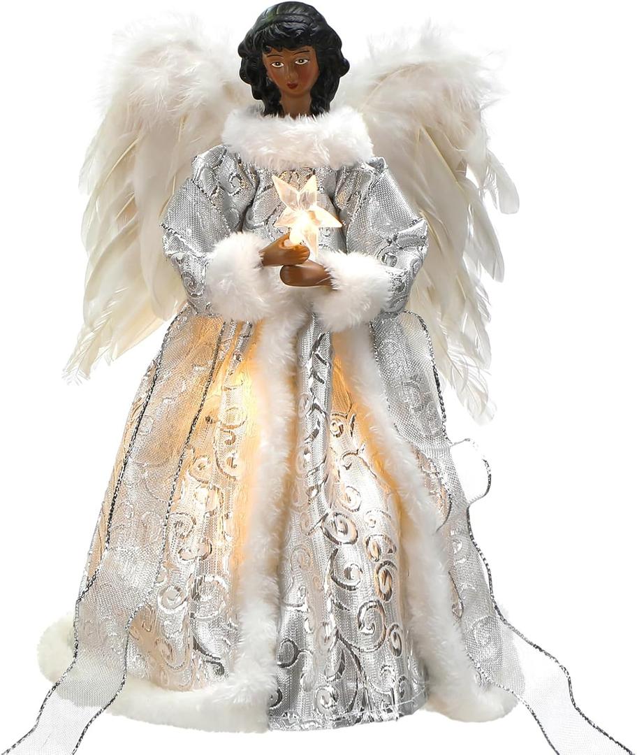 12.2'' Black Angel Christmas Tree Topper with Lights Standing African American Christmas Decorations Black Angel Figurines Treetop for Xmas Home Decor Winter Holiday(White,Cute Style)