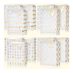 UNIQOOO 12PCS Metallic Gold Christmas Gift Bags Bulk with Tag, Large 12.5 x10.5 Inch, Assorted Snowflake, Reindeer, Xmas Tree Holiday Gift Wrap Paper Bag For Shirt, New Year Party Favor Gift Packaging
